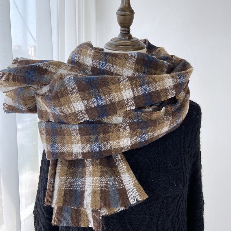 Vibrant Plaid Scarf Faux Wool Warm Shawl with Fringe (MAC334)
