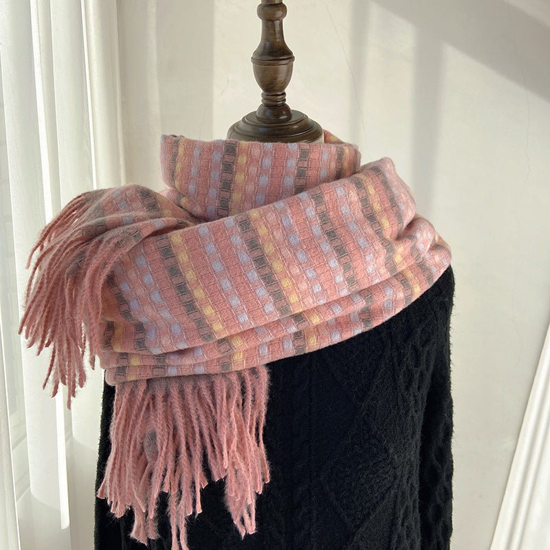 Vibrant Plaid Scarf Faux Wool Warm Shawl with Fringe (MAC334)