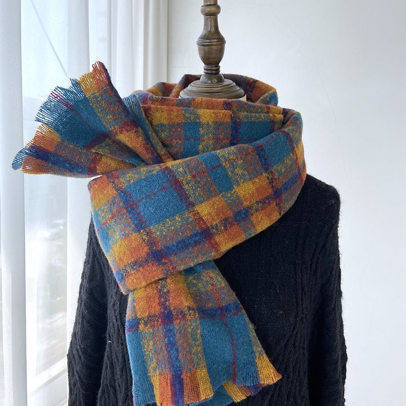 Vibrant Plaid Scarf Faux Wool Warm Shawl with Fringe (MAC334)