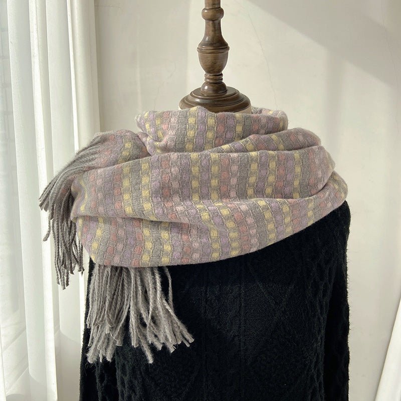 Vibrant Plaid Scarf Faux Wool Warm Shawl with Fringe (MAC334)