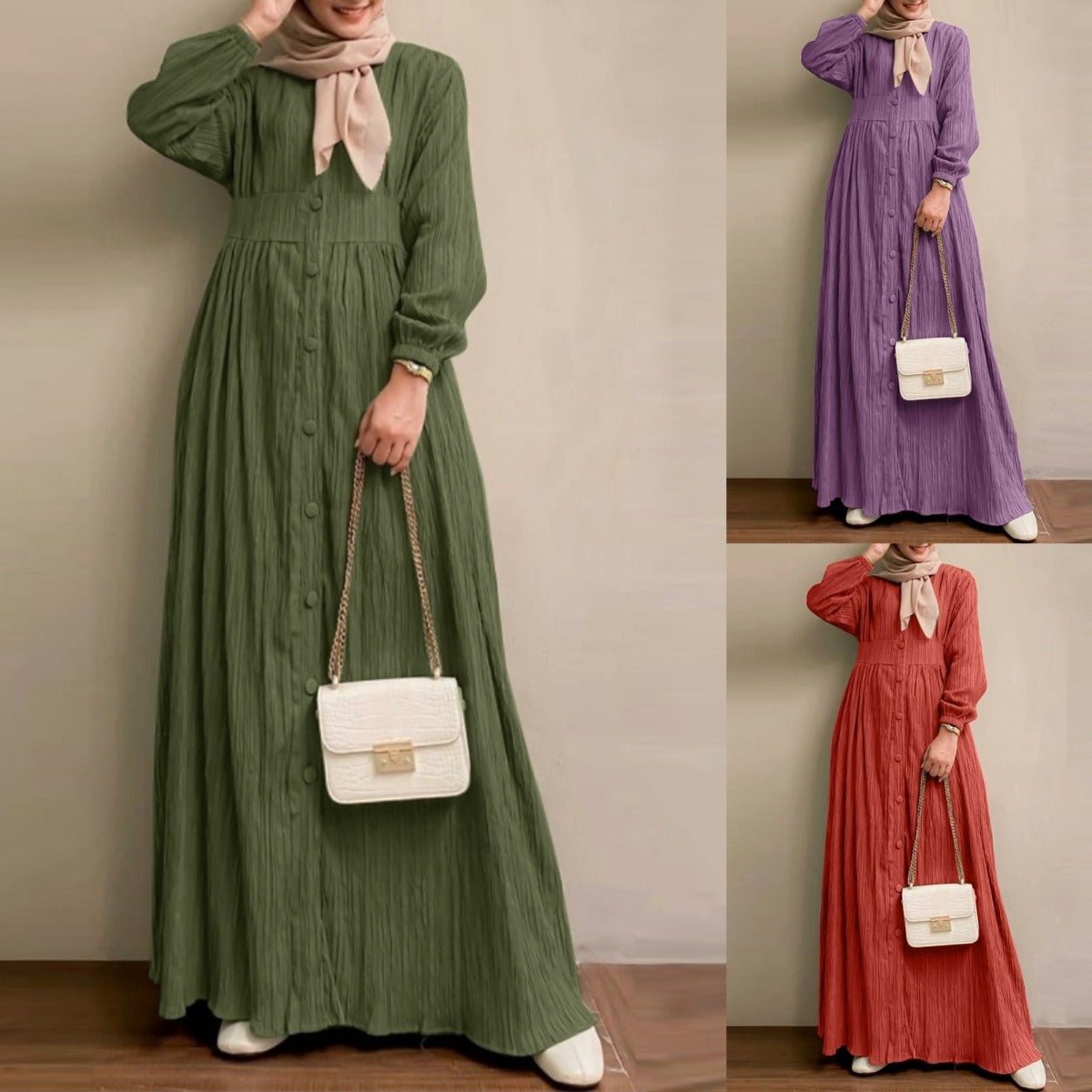 Vintage Button-Front Abaya Dress | Long Sleeve Modest Robe (MA256)