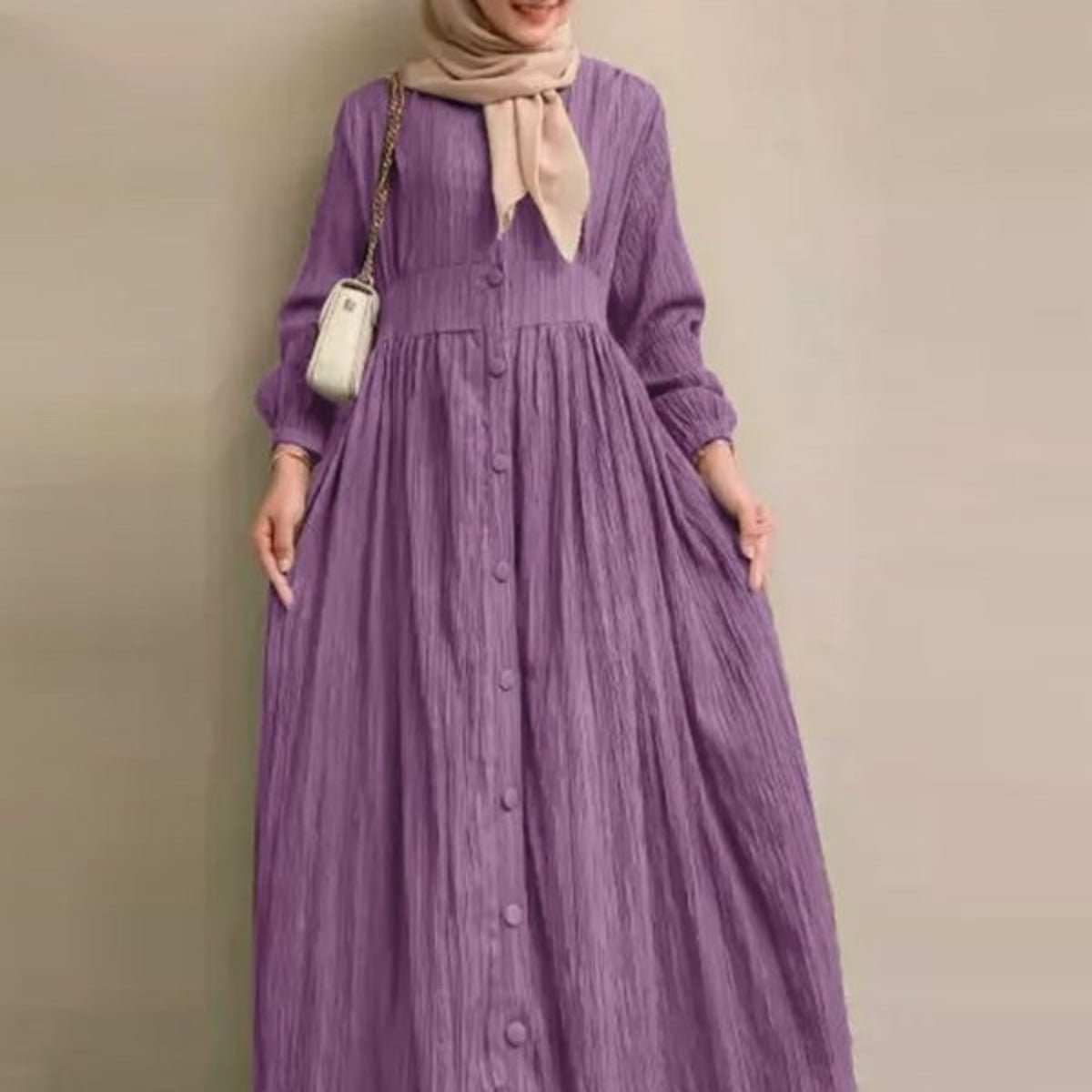 Vintage Button-Front Abaya Dress | Long Sleeve Modest Robe (MA256)
