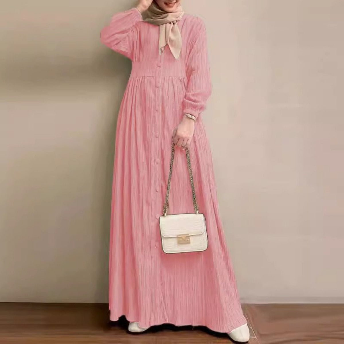 Vintage Button-Front Abaya Dress | Long Sleeve Modest Robe (MA256)
