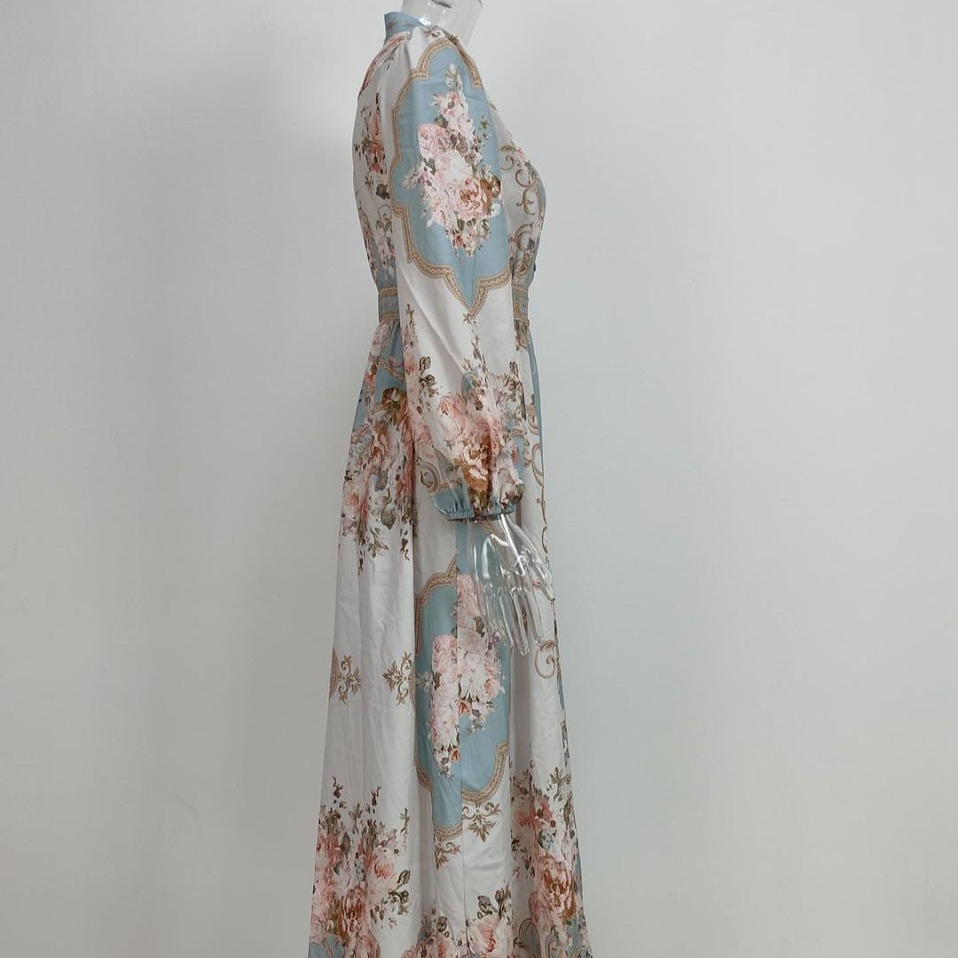 Vintage Floral Maxi Dress | V-Neck Long Sleeve Victorian Style Dress(MA378)