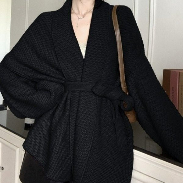 Waffle Knit Robe Cardigan | Belted Oversized Sweater Coat(MS198)