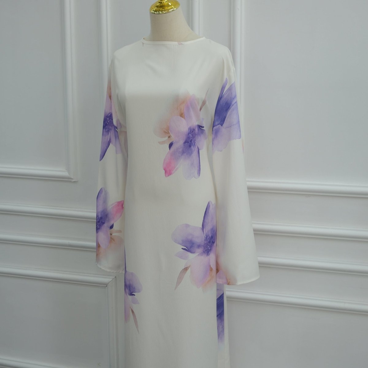 Watercolour Floral Washed-Crinkle Wide-Sleeve Maxi Dress(MS473)