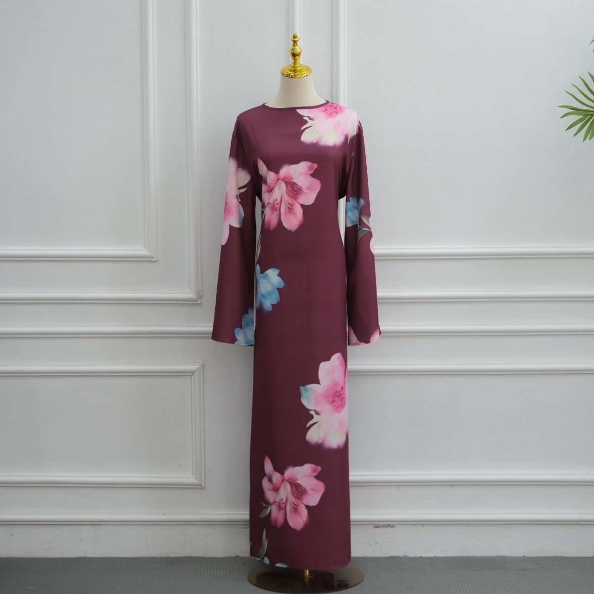 Watercolour Floral Washed-Crinkle Wide-Sleeve Maxi Dress(MS473)