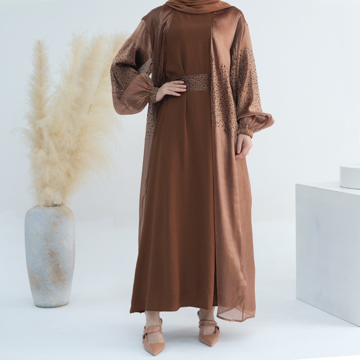 Wave Bubble Sleeve Abaya 4-Piece Set (MOA057)