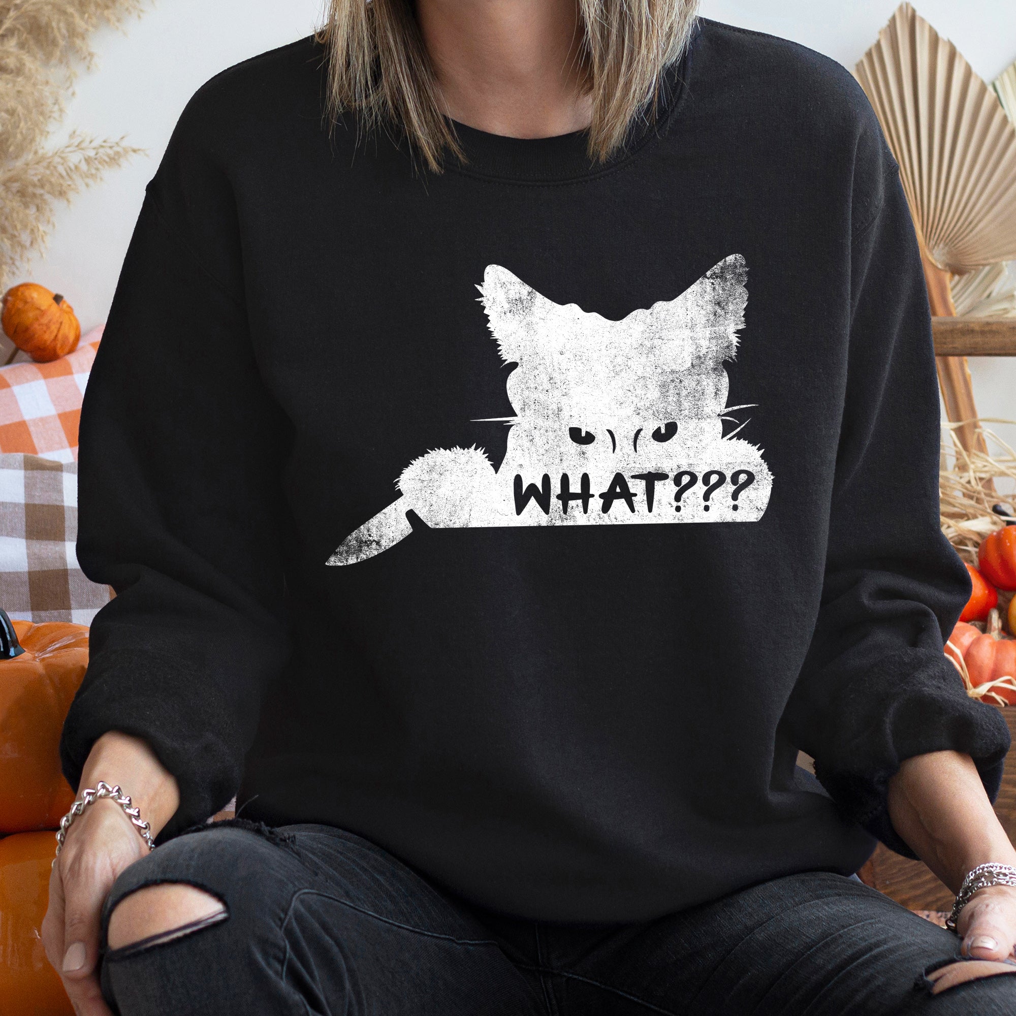 What??? Cat Vintage Halloween Cozy Fleece Feline Graphic Autumn Nights Sweatshirt