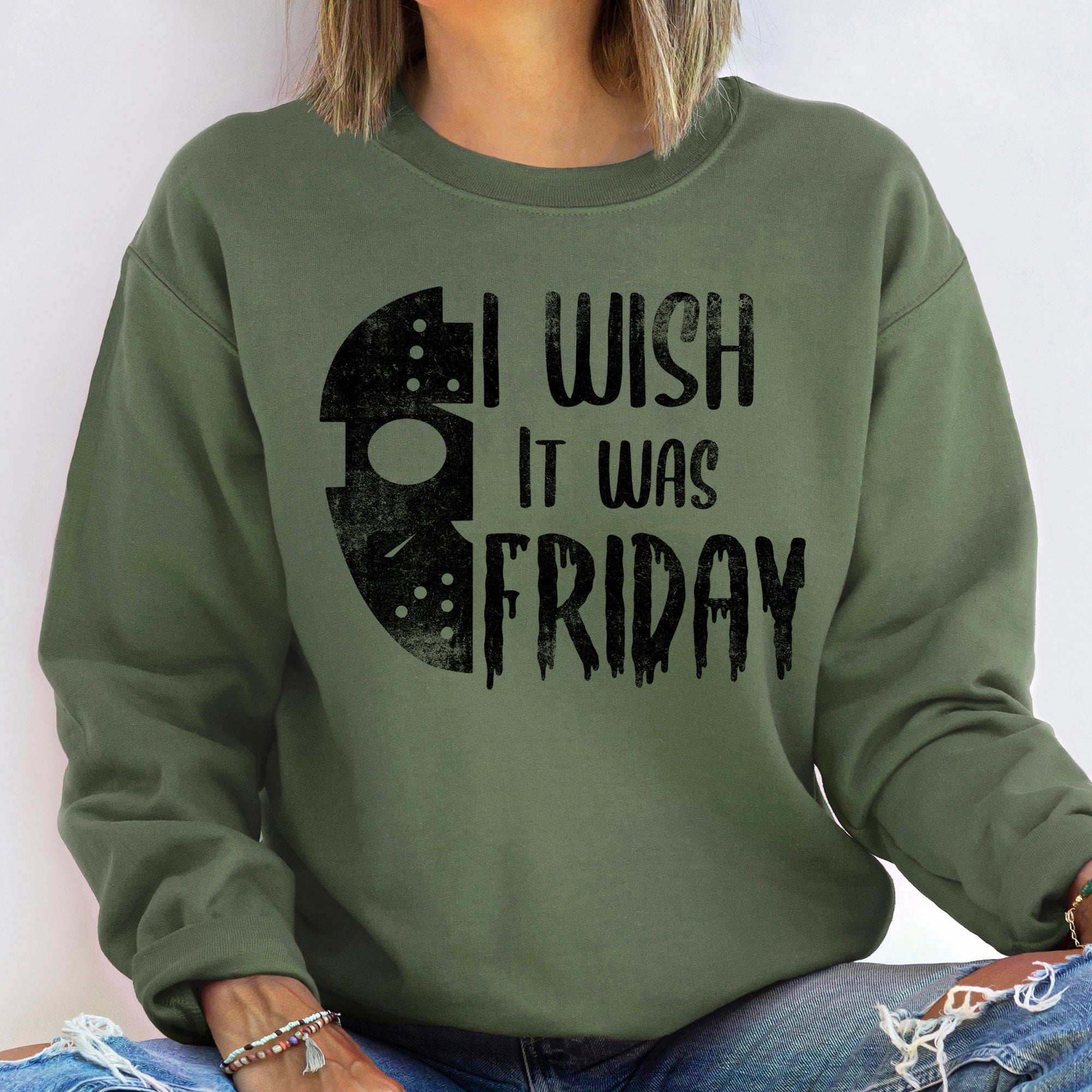 Wish It Was Friday Vintage Halloween Spooky Night Edition Retro Throwback Graphic Sweatshirt