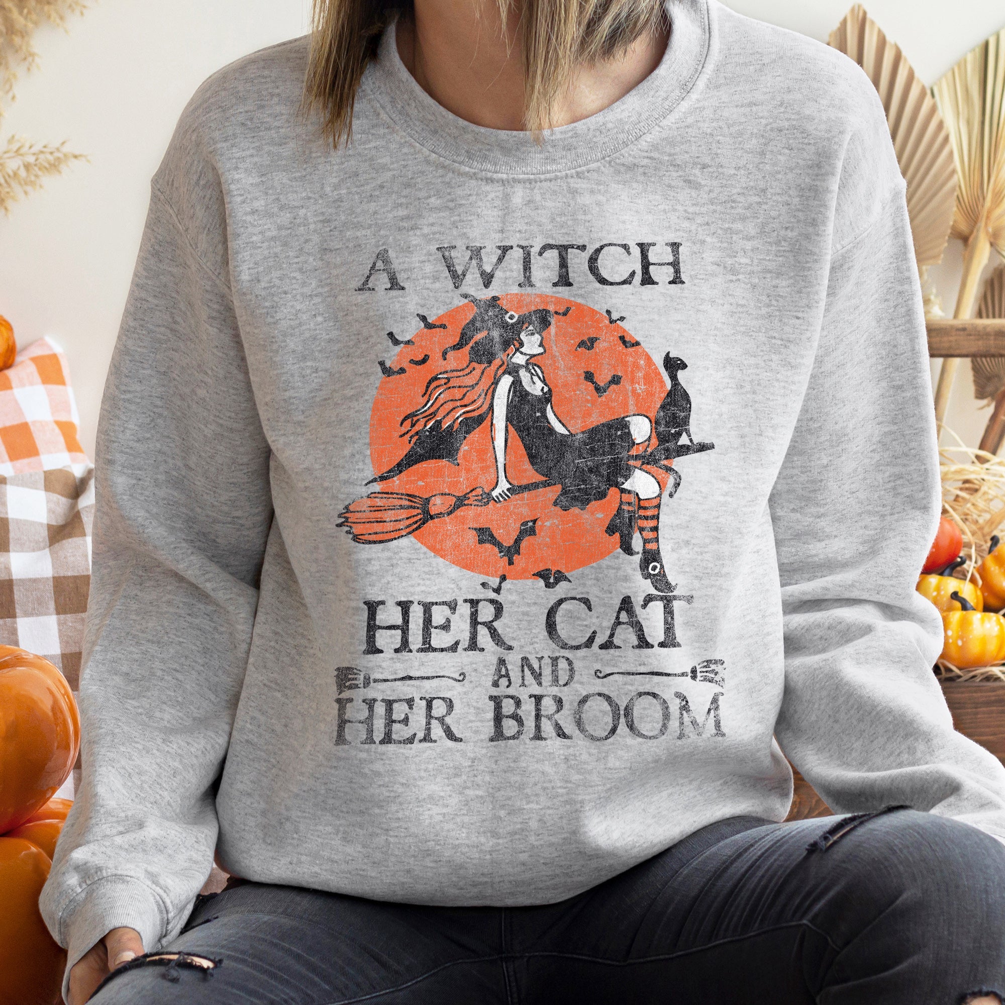 Witch Cat Broom Halloween Spooky Witch Cat Broom Halloween Graphic Cozy Sweatshirt