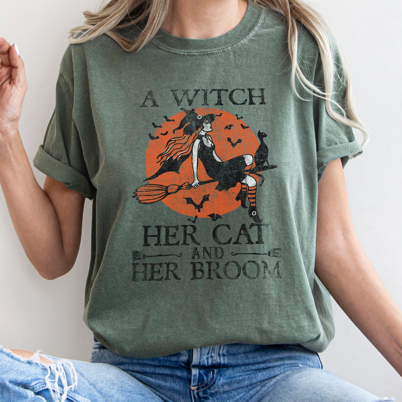 A Witch, Her Cat And Her Broom Retro Halloween Limited Edition Comfort Colors Tee