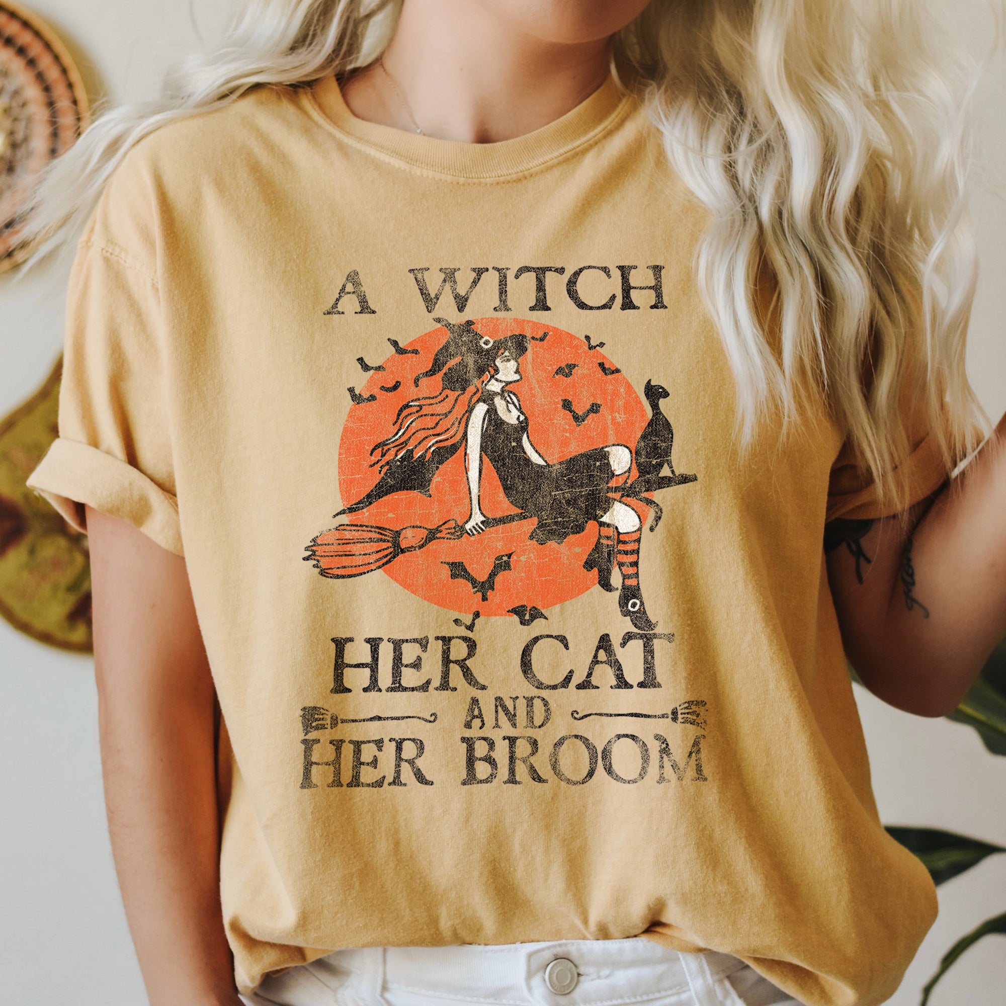 A Witch, Her Cat And Her Broom Retro Halloween Limited Edition Comfort Colors Tee