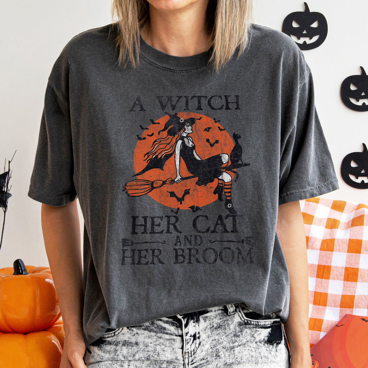 A Witch, Her Cat And Her Broom Retro Halloween Limited Edition Comfort Colors Tee