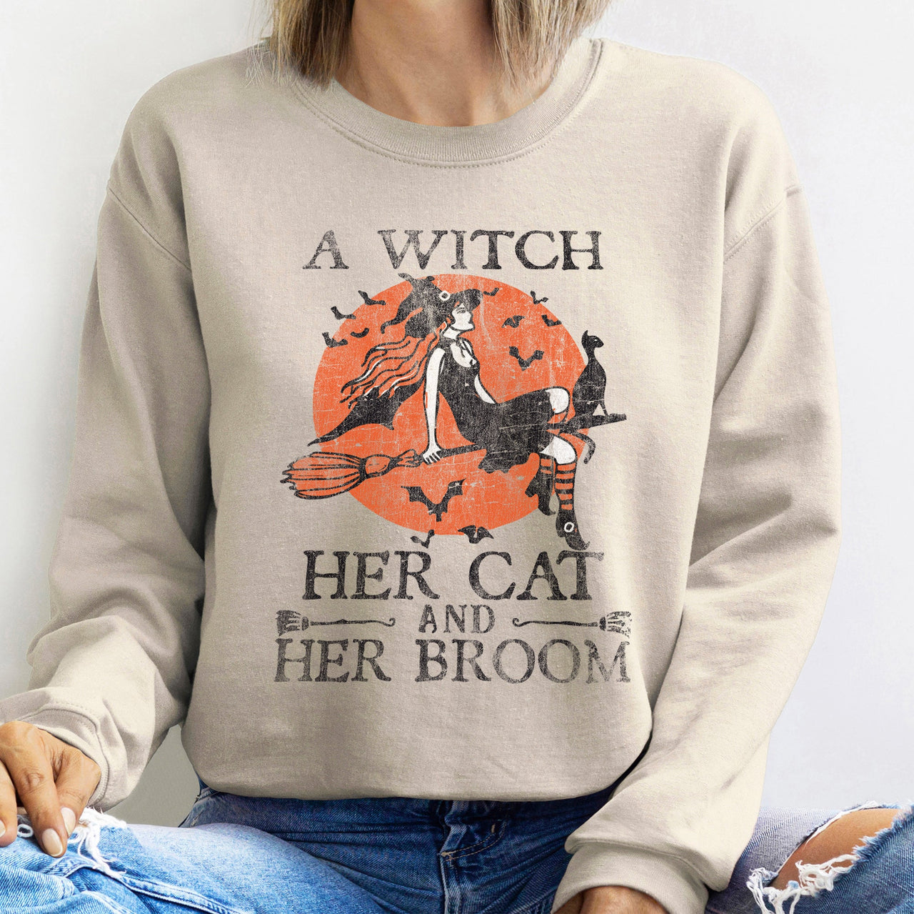 Witch Cat Broom Halloween Spooky Witch Cat Broom Halloween Graphic Cozy Sweatshirt