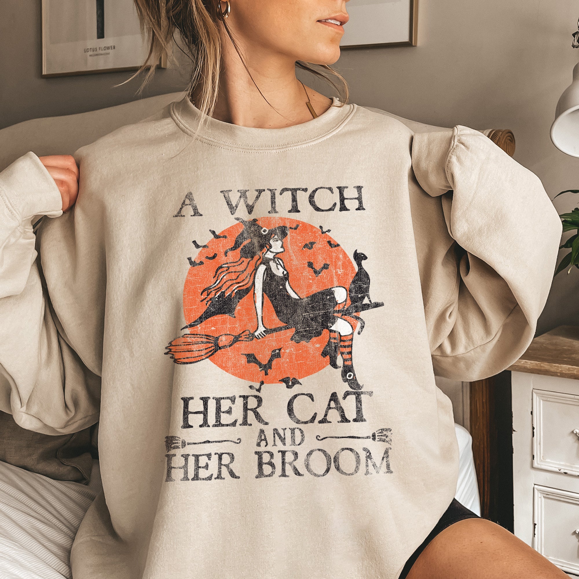 Witch Cat Broom Halloween Spooky Witch Cat Broom Halloween Graphic Cozy Sweatshirt
