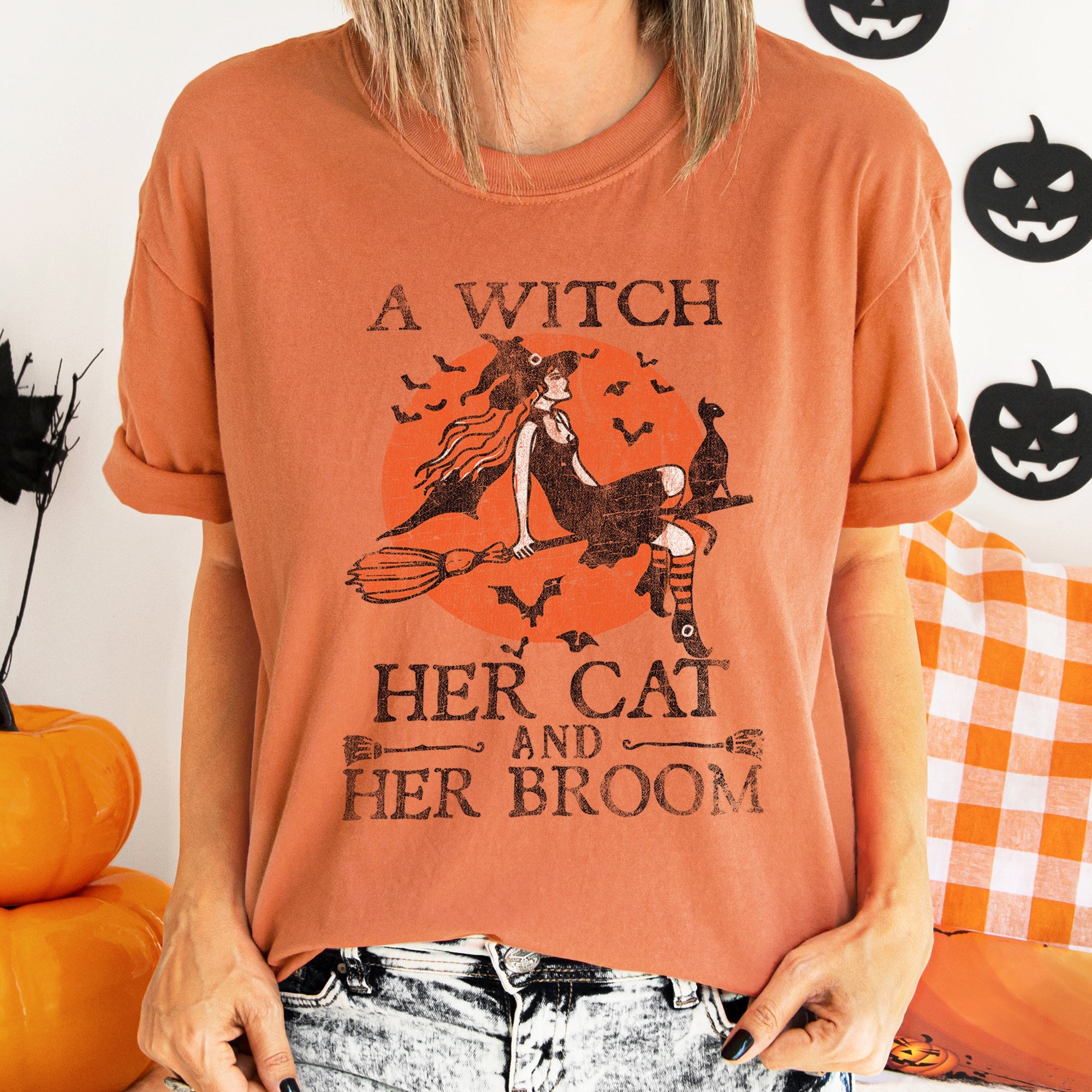 A Witch, Her Cat And Her Broom Retro Halloween Limited Edition Comfort Colors Tee