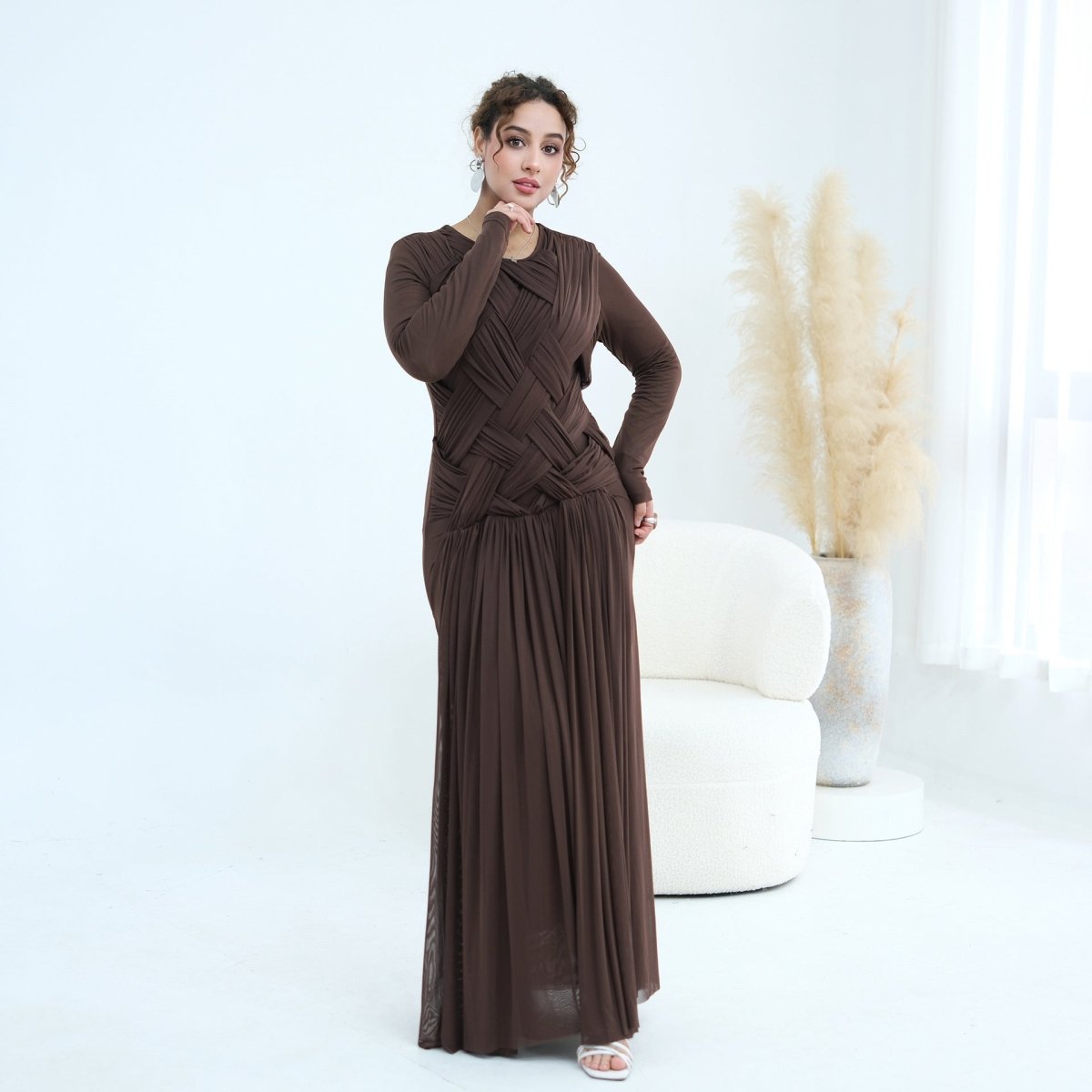 Woven Cross-Strap Bodice Mesh Maxi Dress(MS454)