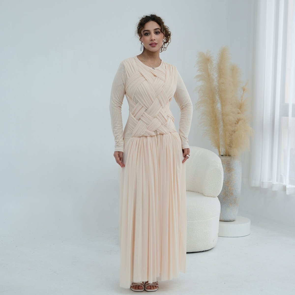 Woven Cross-Strap Bodice Mesh Maxi Dress(MS454)