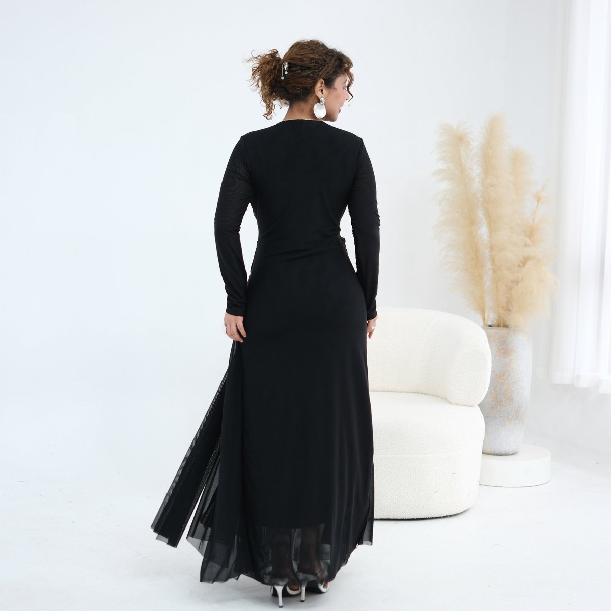 Woven Cross-Strap Bodice Mesh Maxi Dress(MS454)