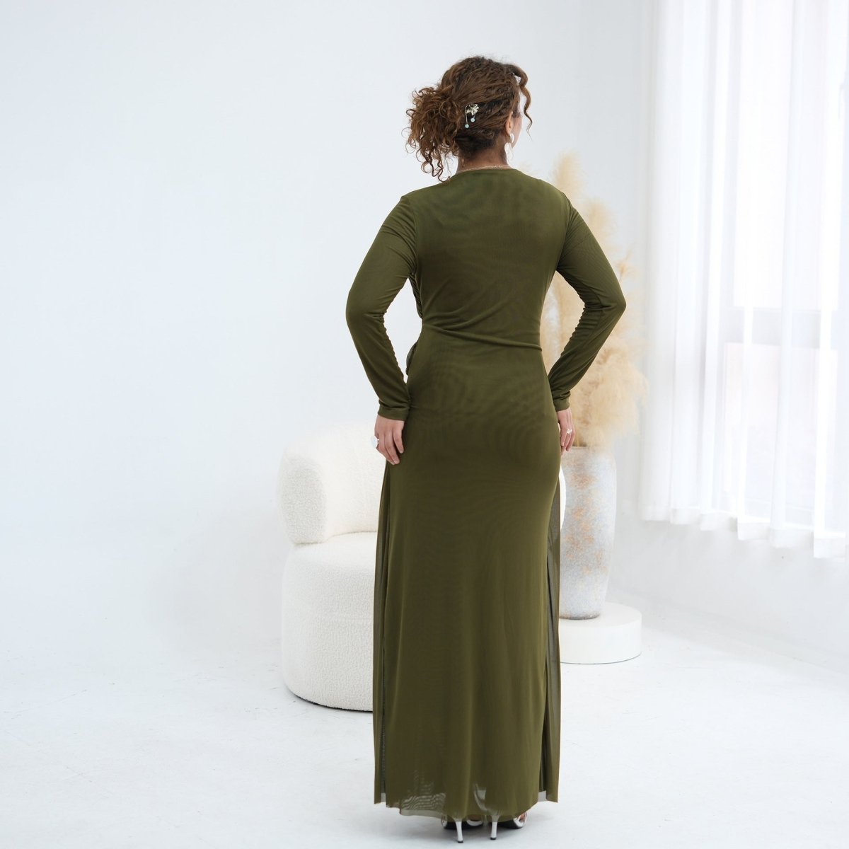 Woven Cross-Strap Bodice Mesh Maxi Dress(MS454)