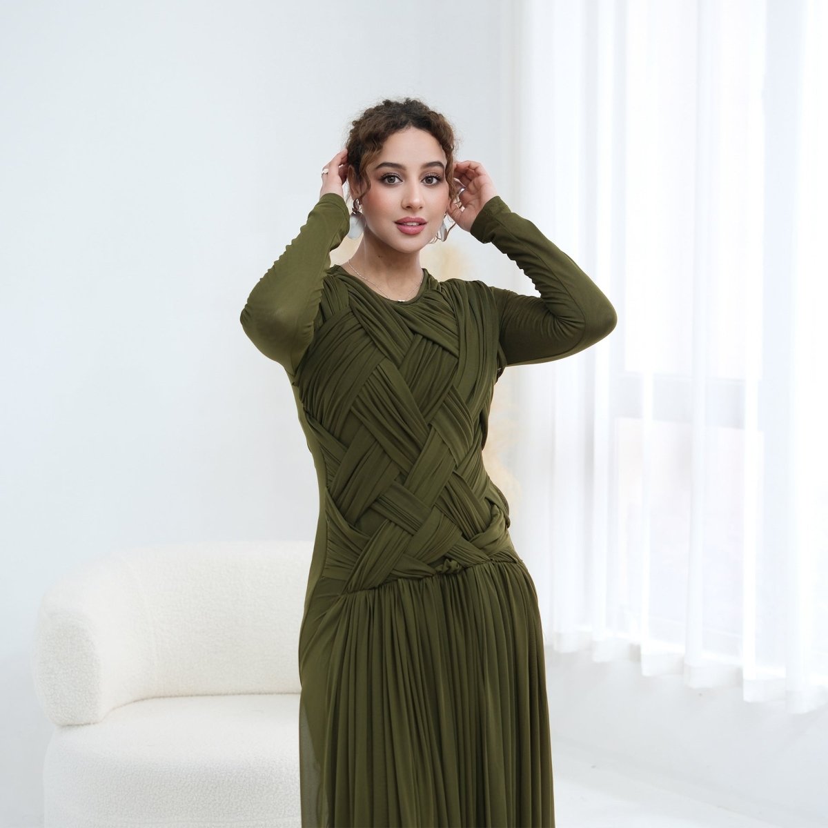 Woven Cross-Strap Bodice Mesh Maxi Dress(MS454)