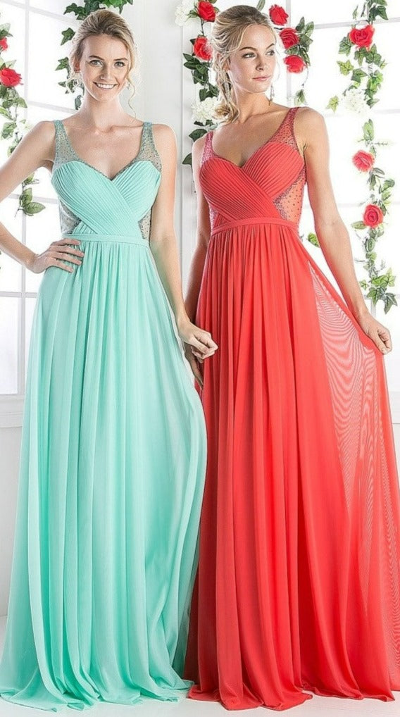 Cinderella Divine 5061 Sheer Beaded Strap Flowy Evening Dress