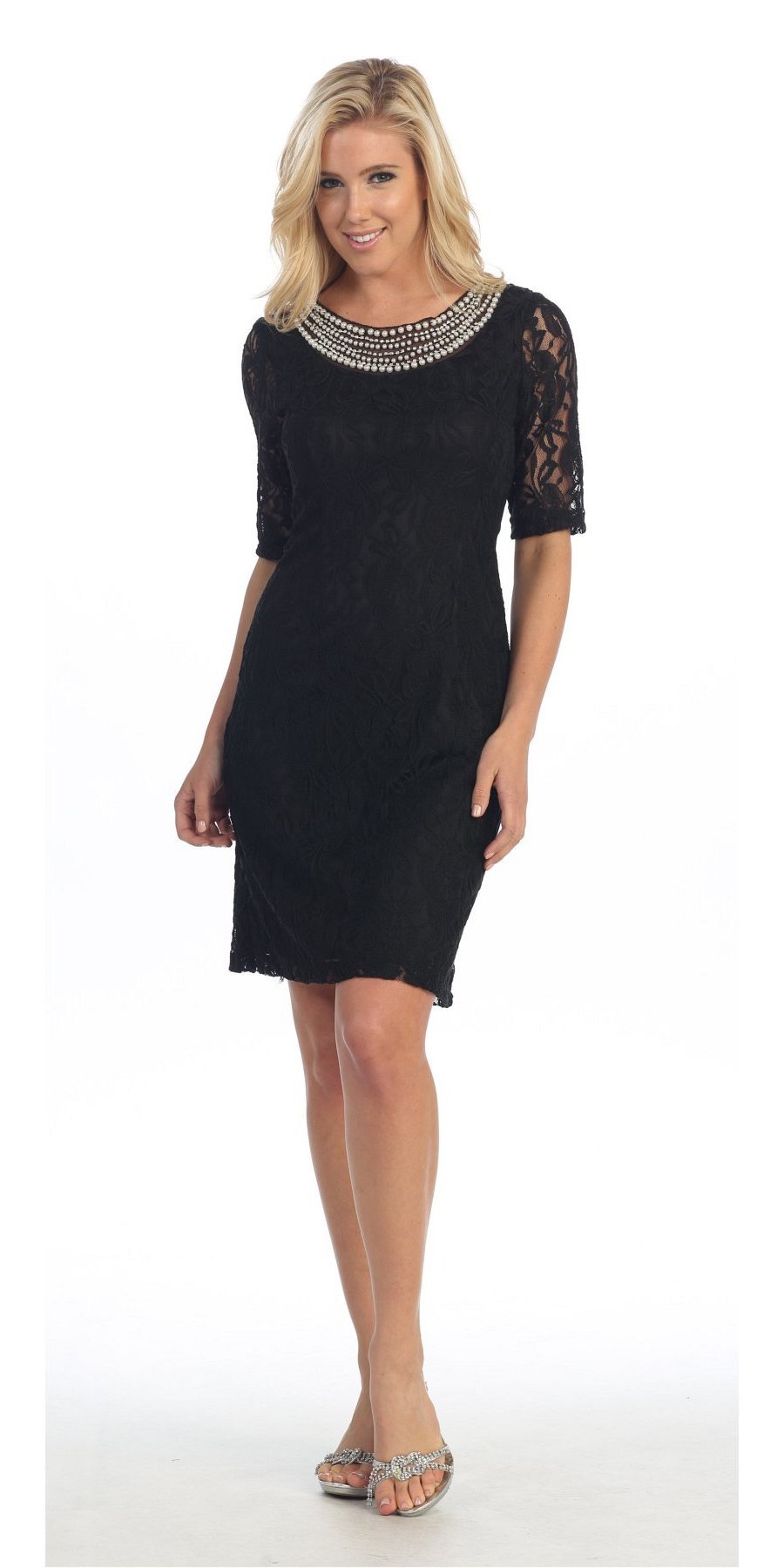 CLEARANCE - Modest Coral Knee Length Semi Formal Dress Short Sleeve Pearl Neck (Size XL, 3XL)