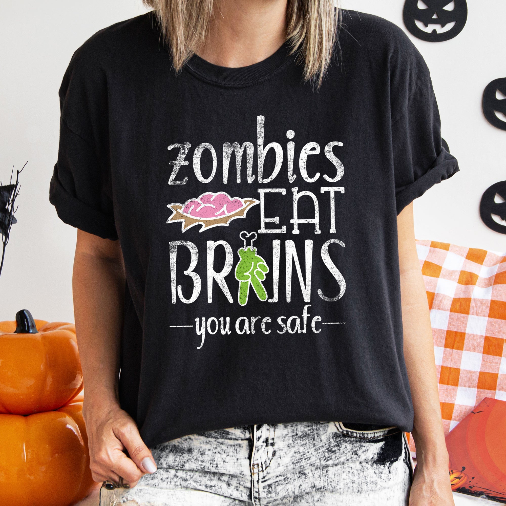 Zombies Eat Brains Retro Halloween Night Scene Artwork Deluxe Comfort Colors Tee