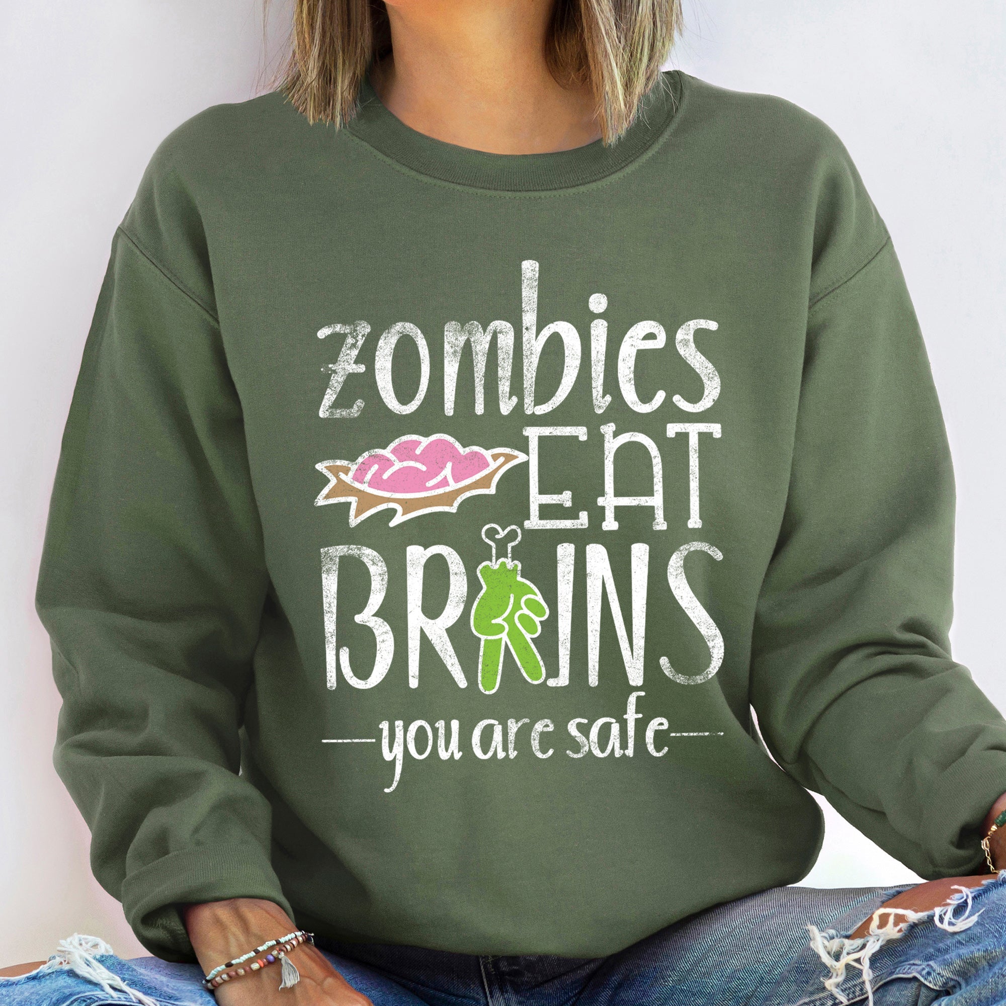 Zombies Eat Brains Vintage Halloween Spooky Dark Humor Graphic Design Premium Cozy Ultra Soft Sweatshirt