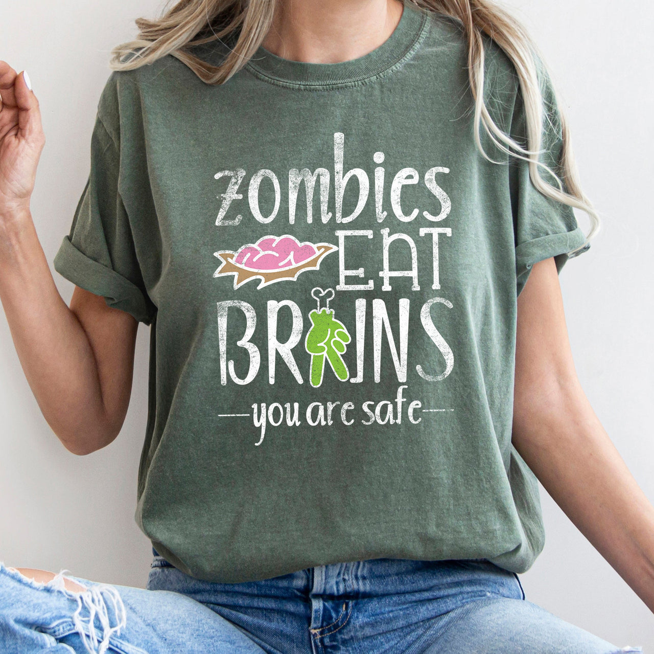 Zombies Eat Brains Retro Halloween Night Scene Artwork Deluxe Comfort Colors Tee