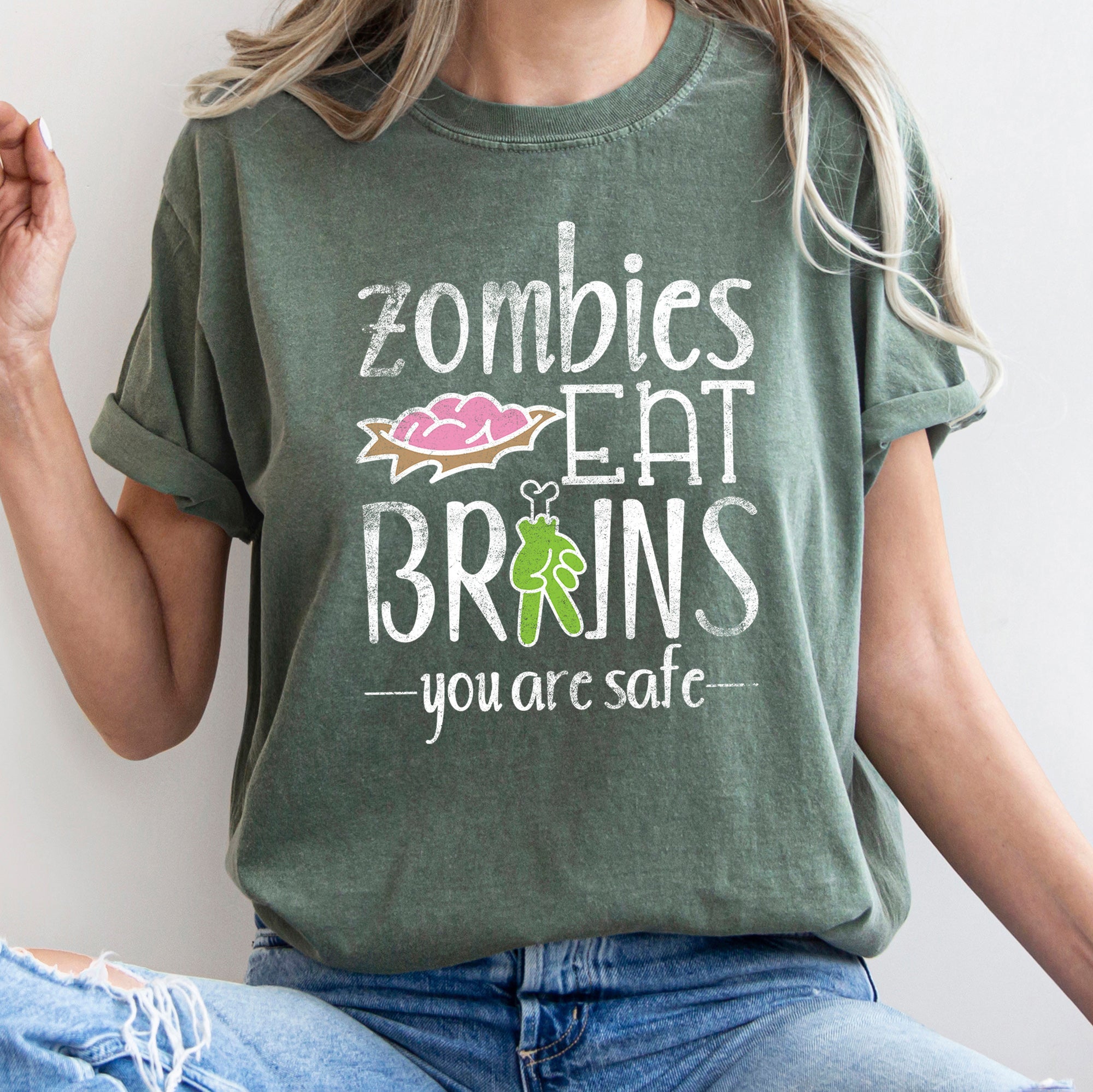 Zombies Eat Brains Retro Halloween Night Scene Artwork Deluxe Comfort Colors Tee
