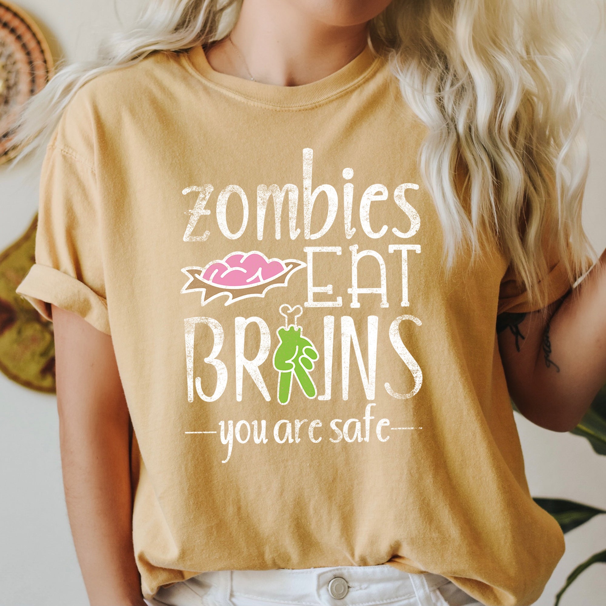 Zombies Eat Brains Retro Halloween Night Scene Artwork Deluxe Comfort Colors Tee