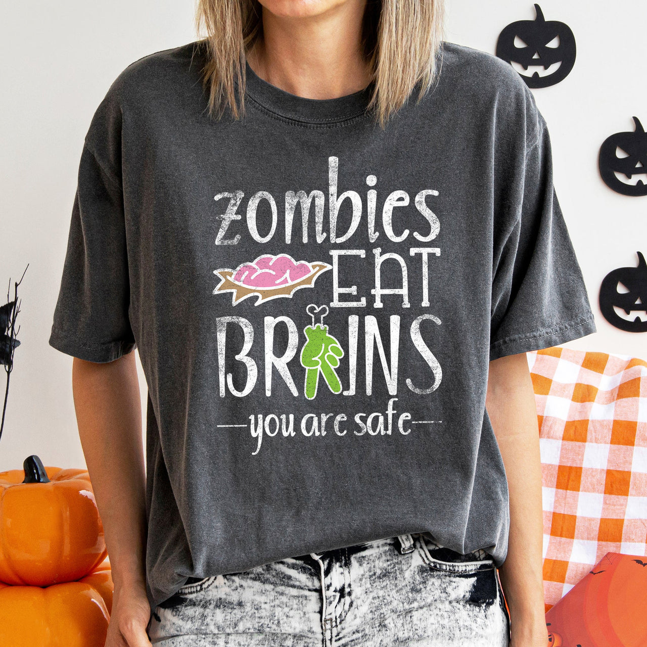 Zombies Eat Brains Retro Halloween Night Scene Artwork Deluxe Comfort Colors Tee