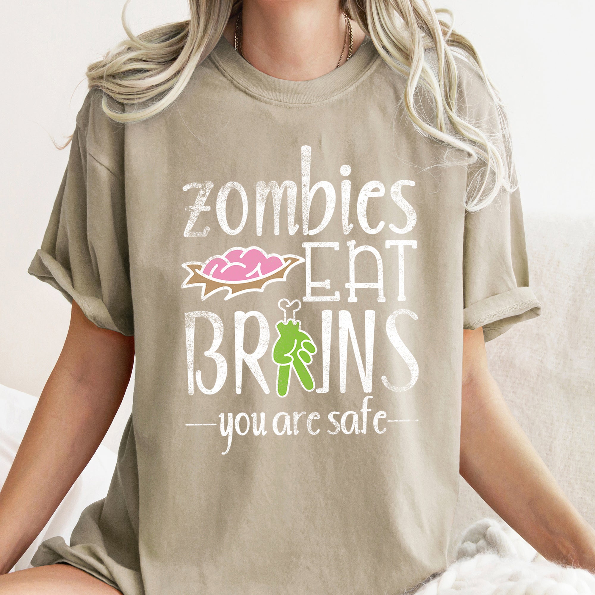 Zombies Eat Brains Retro Halloween Night Scene Artwork Deluxe Comfort Colors Tee