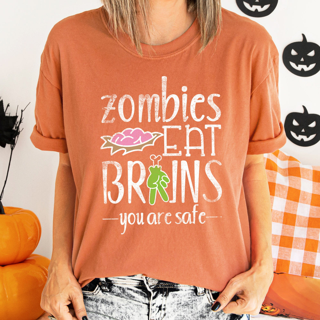 Zombies Eat Brains Retro Halloween Night Scene Artwork Deluxe Comfort Colors Tee